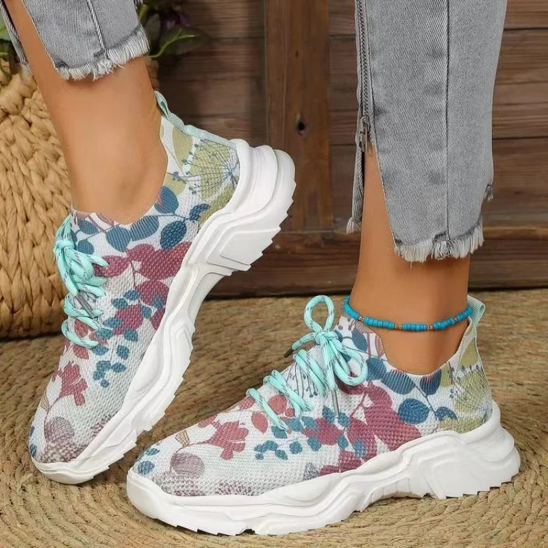 Floral Print Lace-Up Breathable Orthopedic Sneakers Anti-Slip Thick Soled Go Walk Shoes for Women New Women's Orthopedic Sneaker