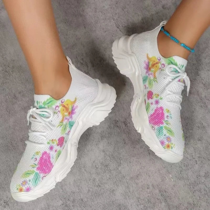 Floral Print Lace-Up Breathable Orthopedic Sneakers Anti-Slip Thick Soled Go Walk Shoes for Women New Women's Orthopedic Sneaker