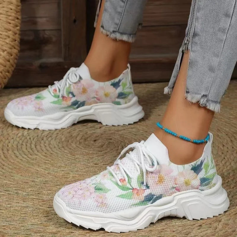 Floral Print Lace-Up Breathable Orthopedic Sneakers Anti-Slip Thick Soled Go Walk Shoes for Women New Women's Orthopedic Sneaker