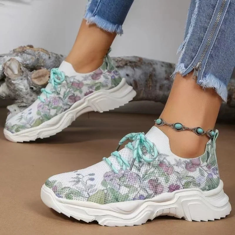 Floral Print Lace-Up Breathable Orthopedic Sneakers Anti-Slip Thick Soled Go Walk Shoes for Women New Women's Orthopedic Sneaker