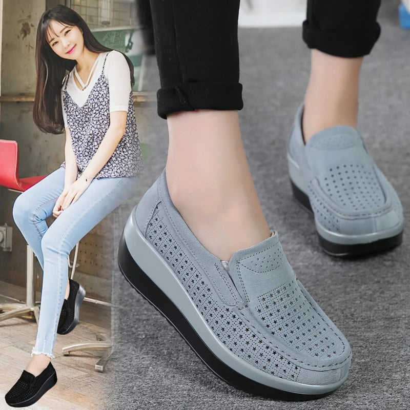 2024 Spring Women Shoes Platform Flats Sneakers Women Suede Leather Women Casual Shoes Slip On Flats Heels Creepers Moccasins